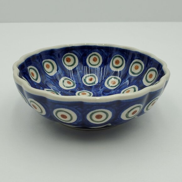 Polish Pottery Peacock Eyes Small Fluted Bowls Brown Eyed Peacock Trinket Dishes - Picture 7 of 8
